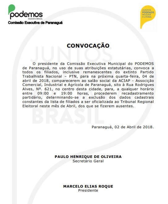Confira abaixo o documento oficial de convocação 